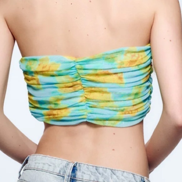 ZARA - TULLE MESH CORSET FLORAL CROPPED TOP green yellow blue neon Sz Large - Picture 3 of 12
